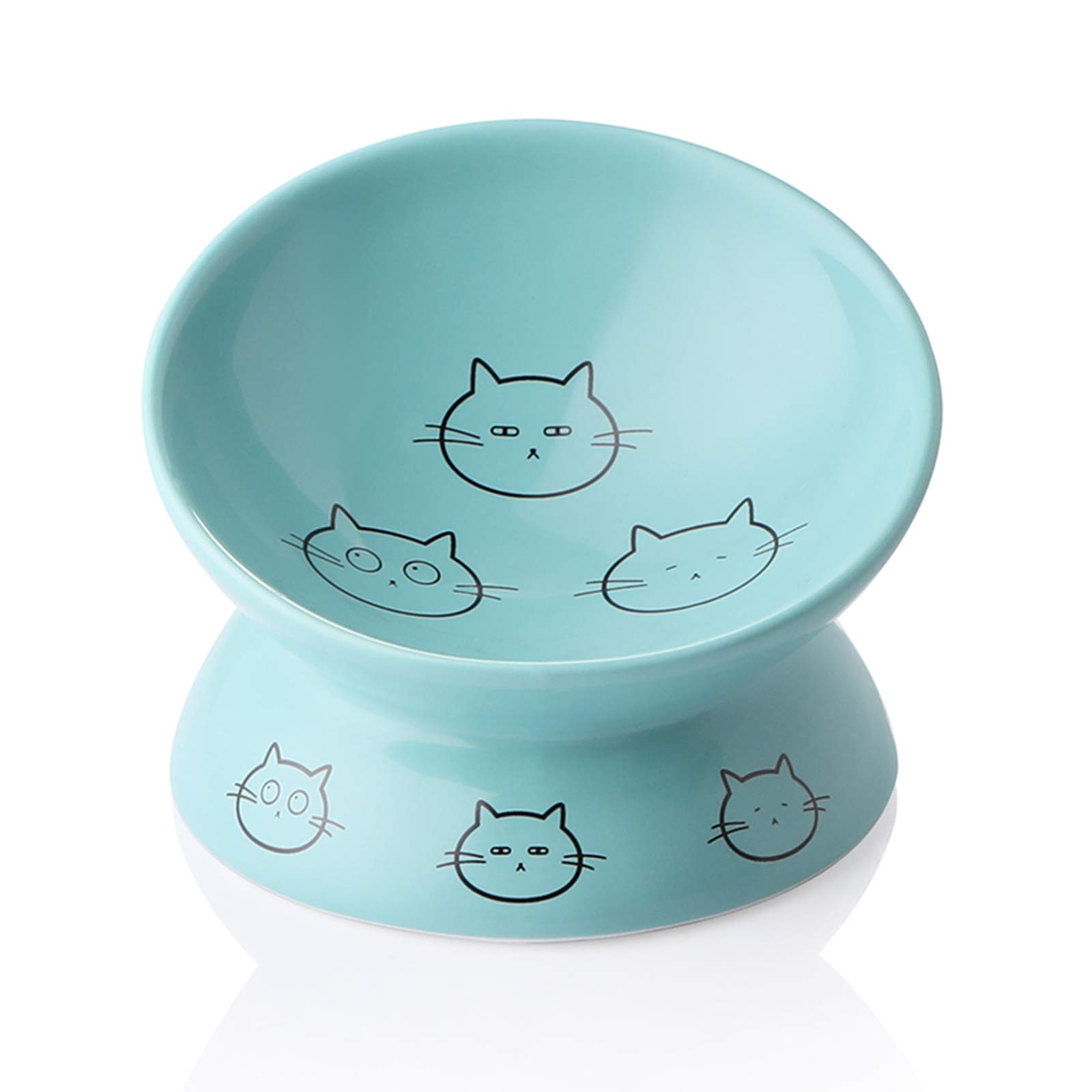 Sweejar Home Ceramic Raised Cat Bowls, Slanted Cat Dish Food or Water Bowls, Elevated Porcelain Pet Feeder Bowl Protect Cat's Spine, Stress Free, 140ml, Backflow Prevention (Turquoise)