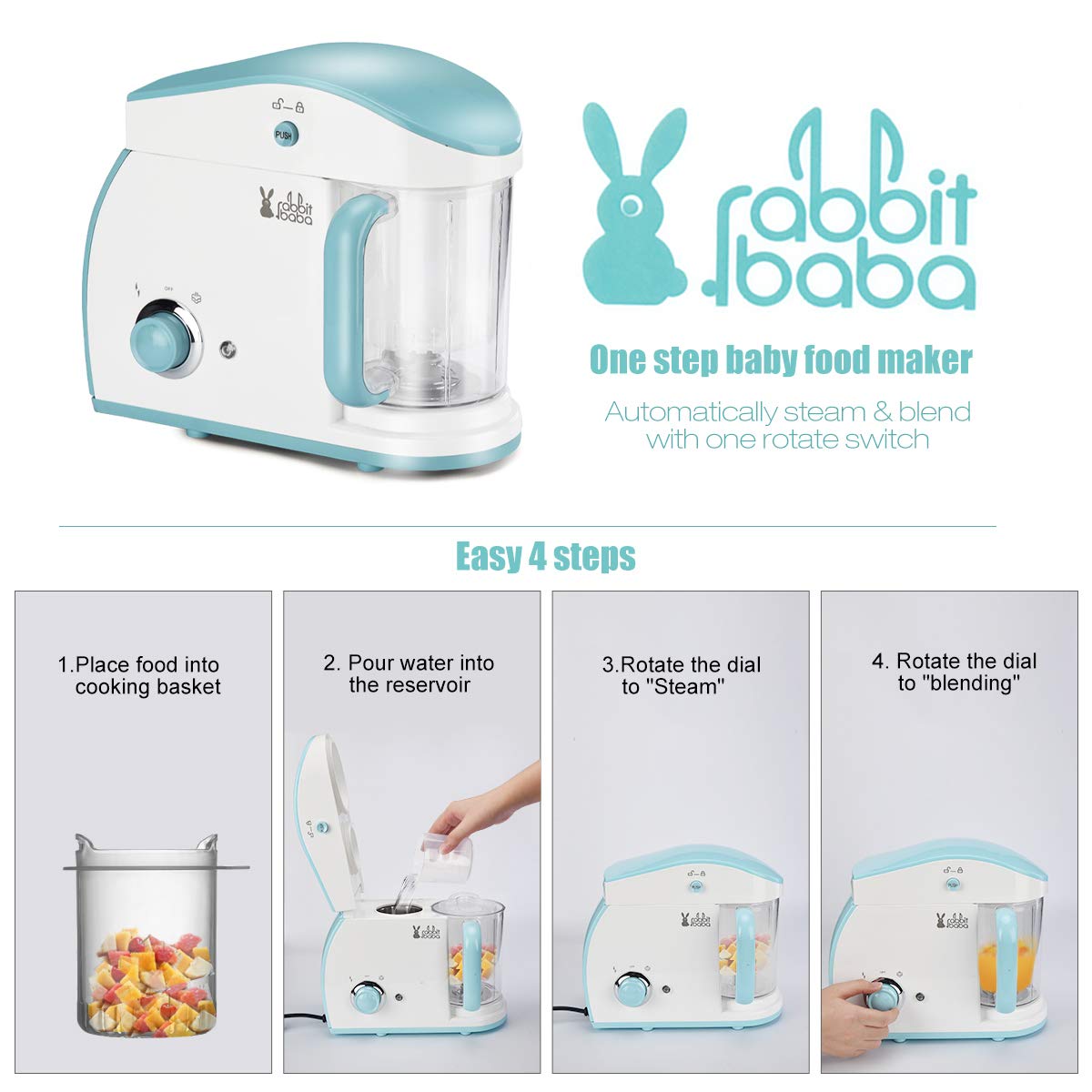 Rabbit baba Baby Food Maker, Dishwasher-Safe Food Processor, Multifunctional Blender, Steamer, Cooker for Baby,Infants and Toddlers Food (Blue)