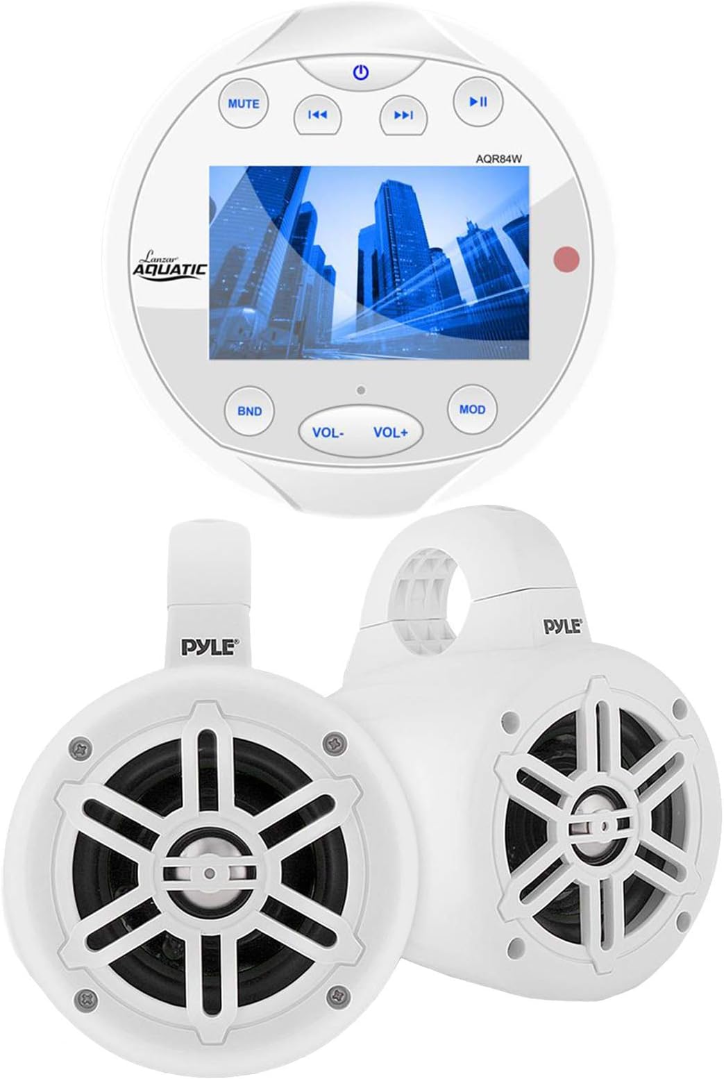 Lanzar Waterproof Bluetooth Marine Digital Media Receiver Stereo Radio Round White, 4" Waterproof Marine Wakeboard 300 Watt Tower Speakers (White) - Pair