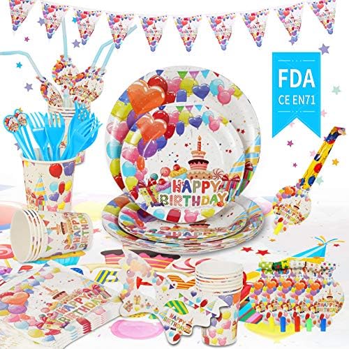 YMS Unicorn Party Supplies Set, 162pcs Value Kit Serve 16 Guests, Theme Party Time Birthday Supplies Decorations Includes Disposable Tableware, Party Masks, Colorful Banner For Kids’ Birthday