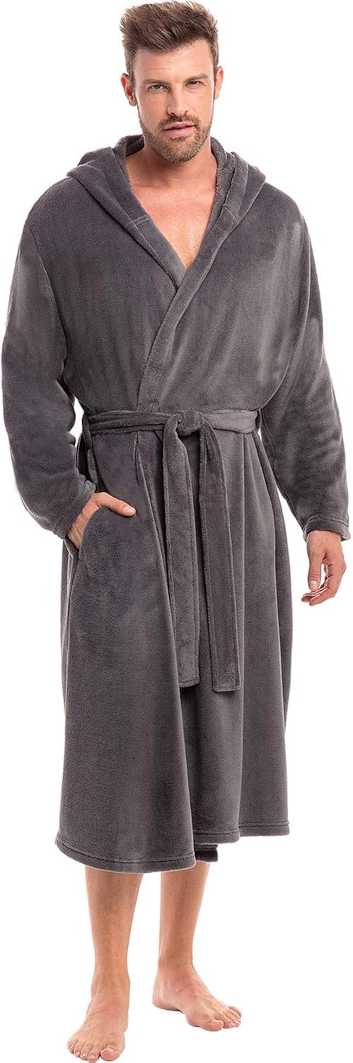 Alexander Del Rossa Men's Lightweight Fleece Robe with Hood, Soft Bathrobe at  Men’s Clothing store