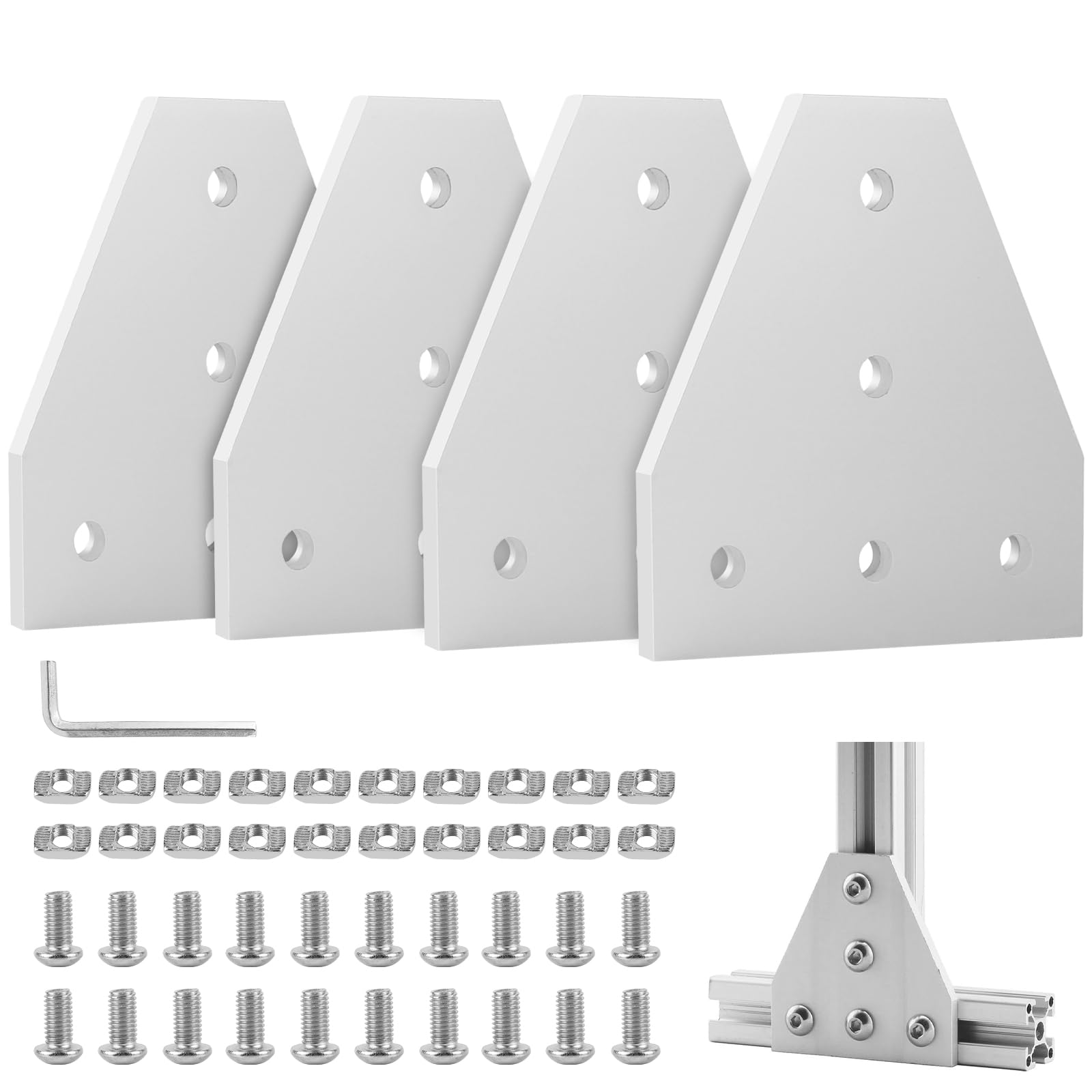 EXLECO 4 Corner Bracket Connection Plate Aluminium Profile 40 x 40 Corner Bracket Plate Corner Angle Plate Outer Profile T Profile Aluminium with Nuts Screws Wrench for 9 mm Slot Aluminium Profile