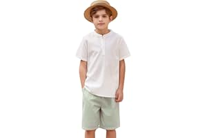 Arshiner Boy's 2 Pieces Cotton Linen Set Casual Henley Shirts Short Sleeve Beach Shorts Summer Outfits for 5-12 Years