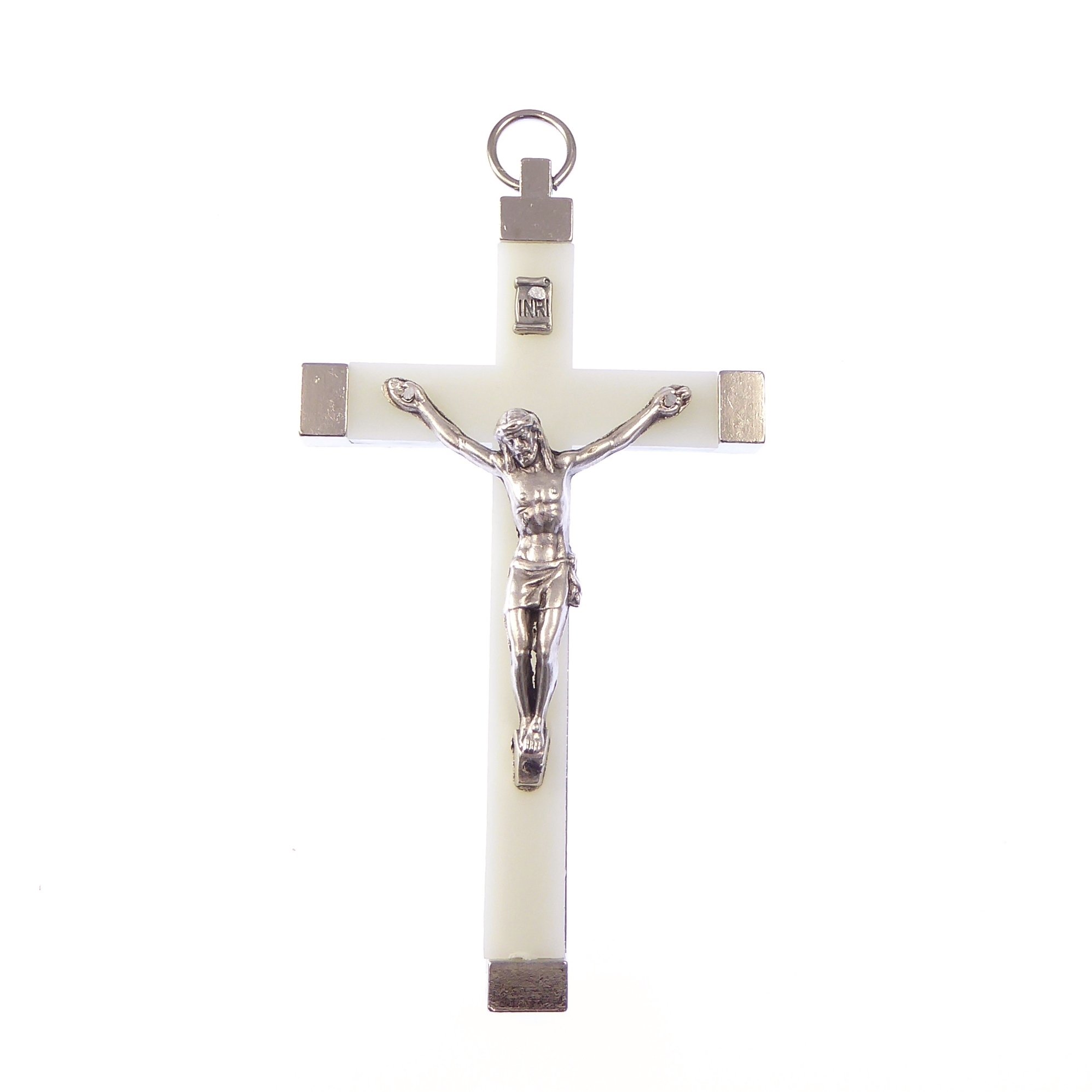 Catholic luminous silver colour Jesus corpus crucifix rosary cross pendant 9.5cm
