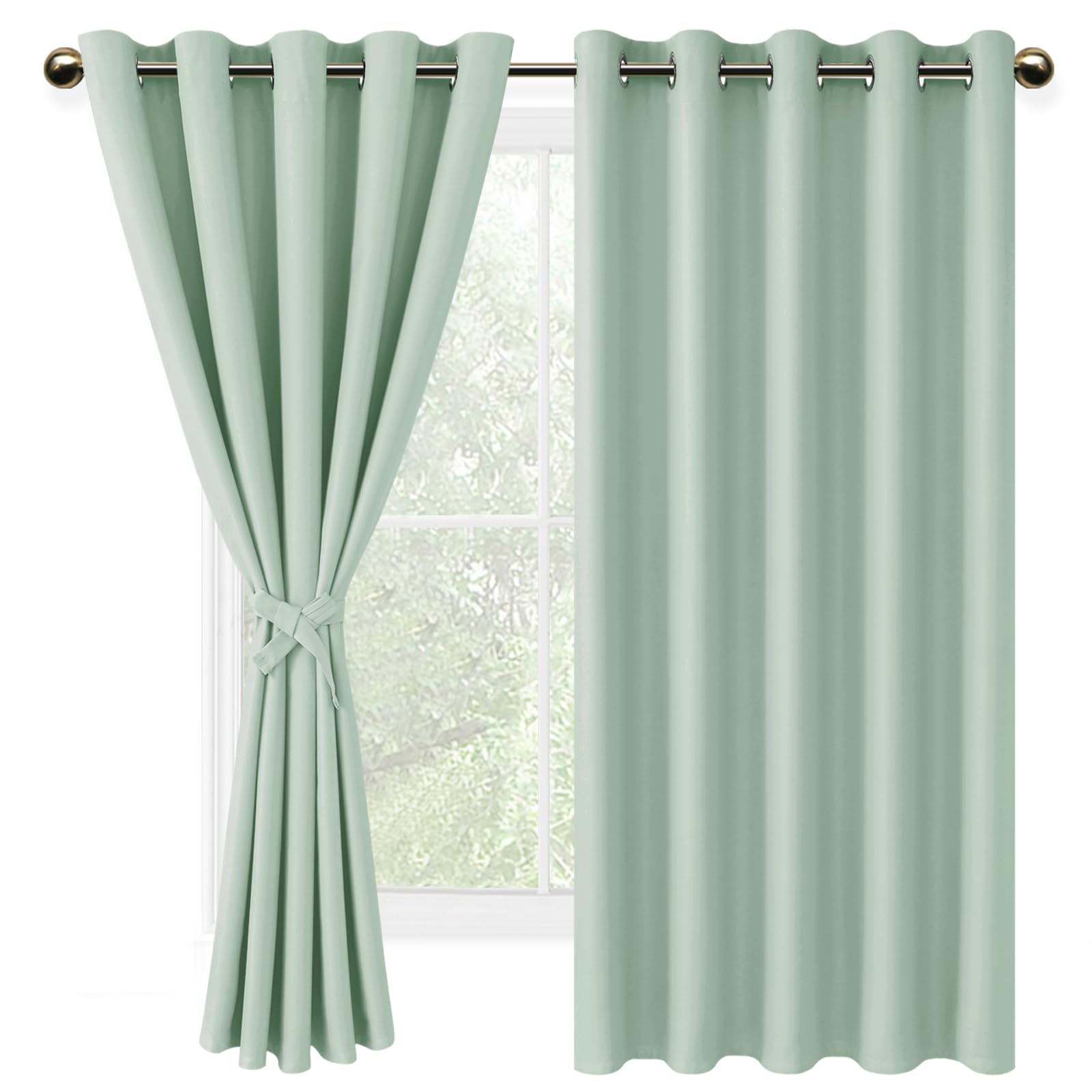 DWCN Blackout Curtains with Tiebacks for Bedroom Thermal Insulated Solid Eyelet Curtains for Living Room,2 Panels,66" Wide x 72" Drop Bean Green