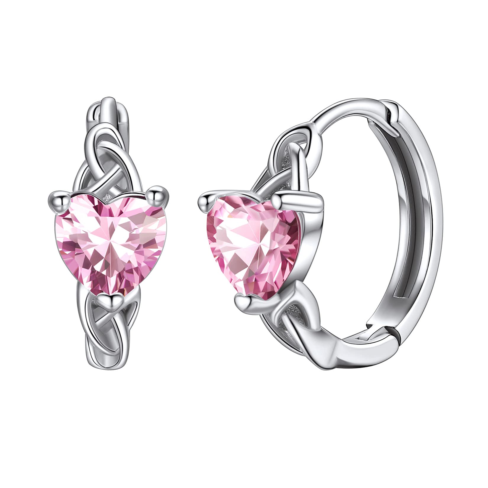 Sterling Silver Hoops Pink Earrings Ladies Silver Earrings October Birthstone Earrings Heart Earrings Sterling Silver Sleeper Earrings for Women Huggie Earring