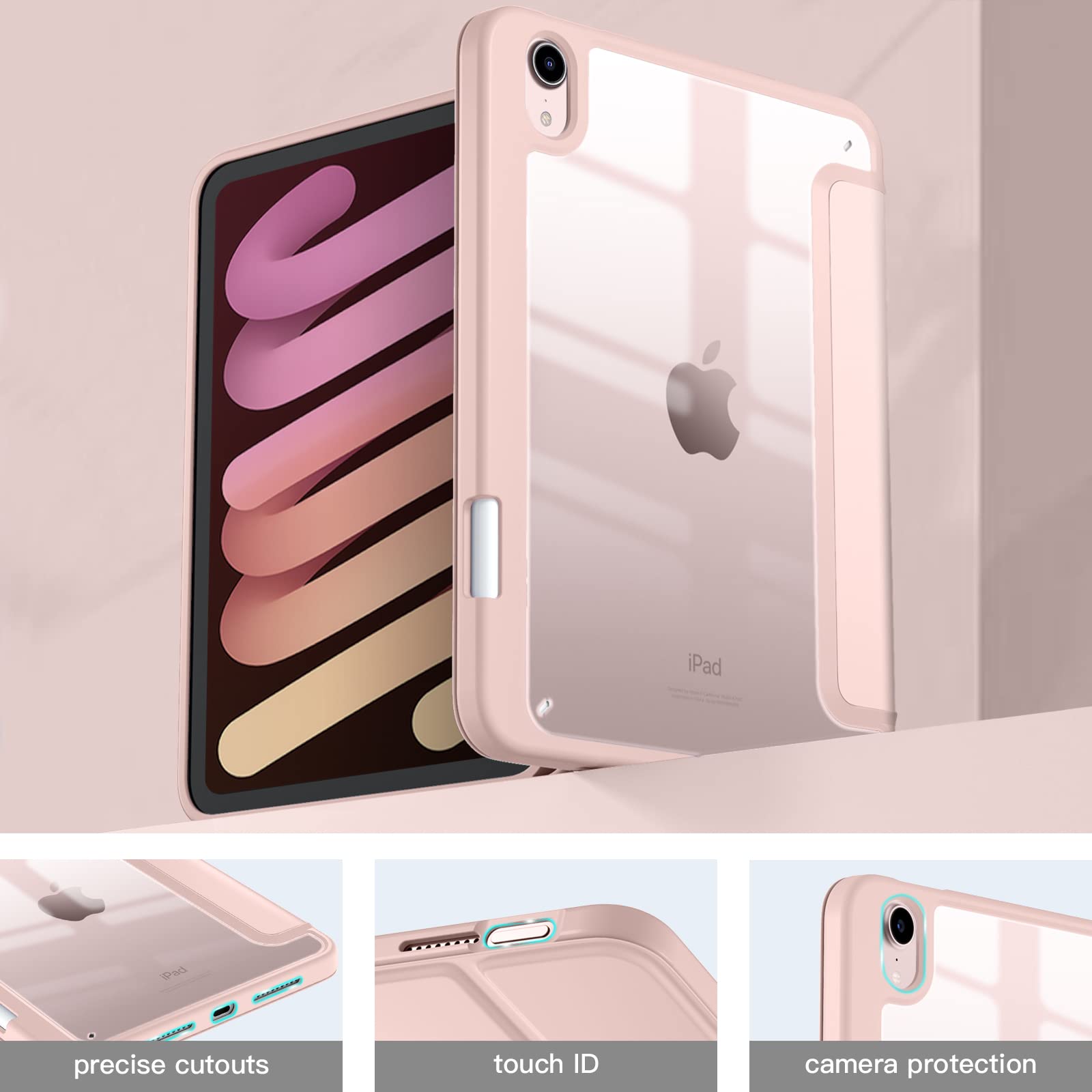 Mastten for iPad mini 7 Case A17 Pro, for iPad mini 7th/6th Generation Case 2024/2021 8.3 Inch with Pencil Holder, Hybrid Slim Clear Back Shell Cover Kids, Auto Wake/Sleep, Rose Pink