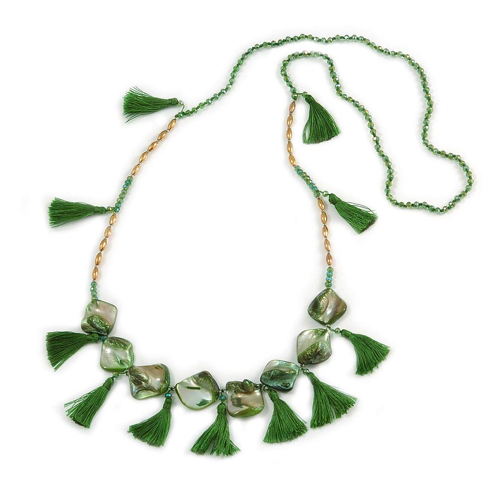 Avalaya Long Sea Shell, Crystal and Acrylic Bead with Multi Cotton Tassel Necklace/Green/Gold/ 96cm L