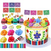 Mexican Fiesta Cake Topper Set - Mini Papel Picado Banner, Serape Ribbon & Flowers For Themed Party Decor - View #10