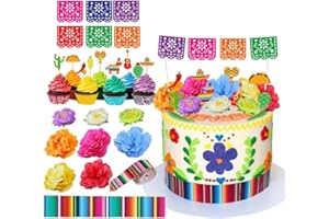 DiDida Mexican Fiesta Cake Topper Mini Mexican Papel Picado Banner Mexican Serape Ribbon and Flower for Mexican Themed Party Decorations