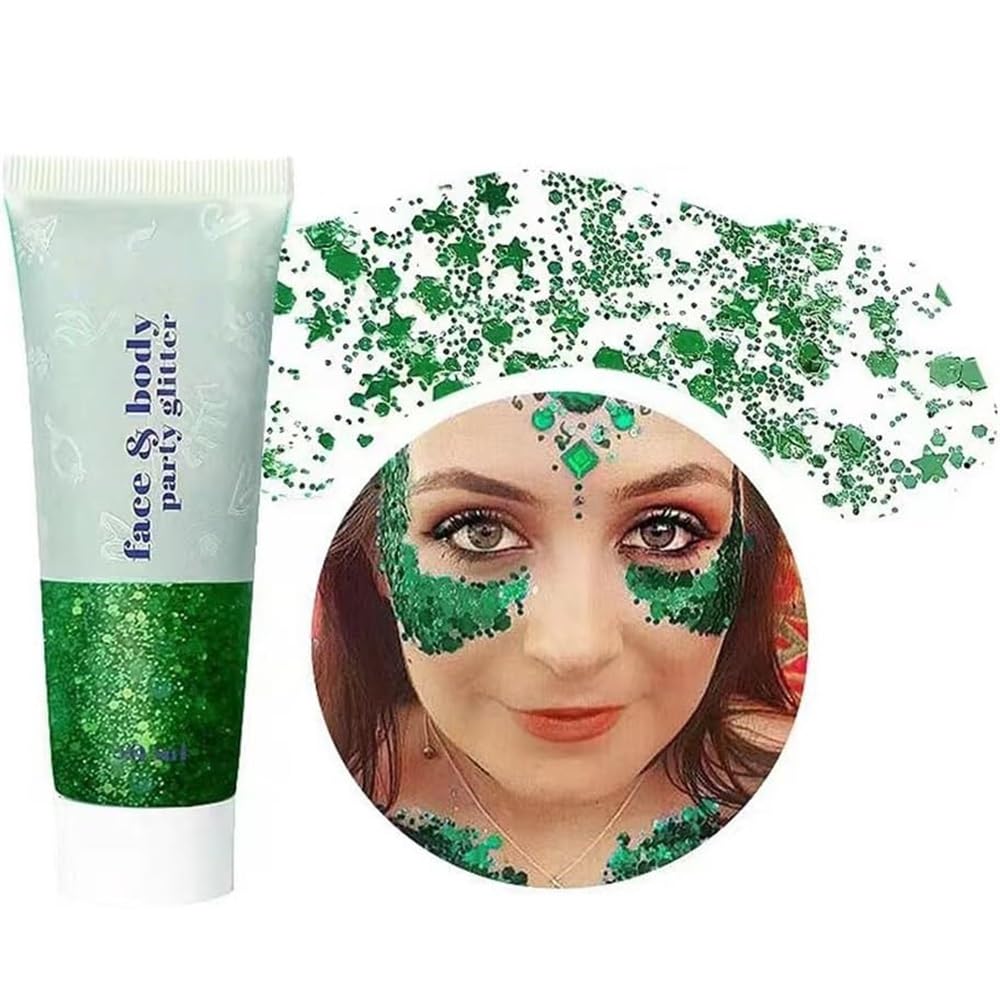 Beliky Girl Body Glitter Gel, 50ml Face Glitters Body Sequins Shimmer Liquid Eyeshadow, Mermaid Sequins Liquid Holographic Glitter Gel, Chunky Glitters for Eye Hair Nail DIY Art(Green)