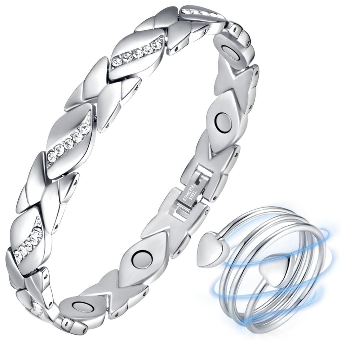 Vicmag Magnetic Bracelets for Women Ladies Titanium Steel Ultra Strength Magnets Bracelet with 3500 Gauss Effective for Women with Gift Box & Removal Tool(Crystal Design for Ladies)(Platinum)