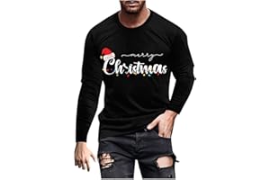 Funny Christmas Shirts for Mens Long Sleeve Round Neck Fashion Merry Christmas Letter and Pattern Printing for Casual
