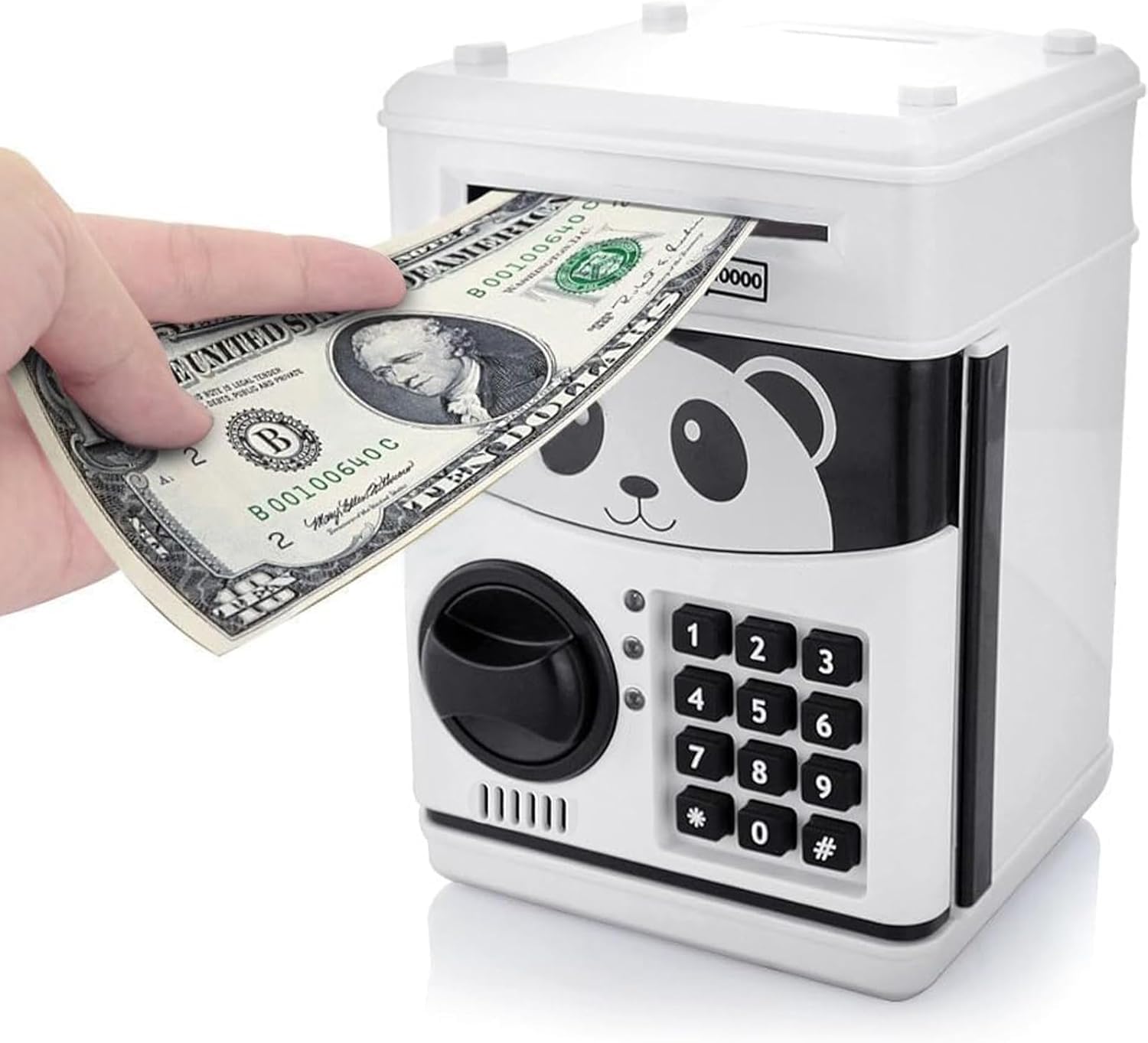 Itian Cartoon Piggy Bank Cash Coin Can with Password, Money Bank Money Safe, Saving Box, ATM Bank Safe Locks Panda Smart Voice, Black+White