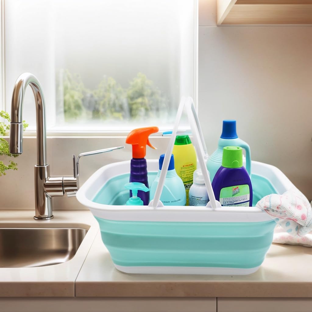 SAMMART 15.5L Collapsible Tub with Handle - Portable Outdoor Picnic Basket/Crater - Foldable Shopping Bag - Space Saving Storage Container (White/Lake Green)