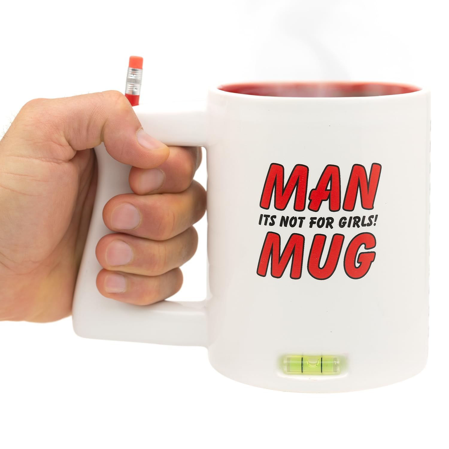 CKB LTD Jumbo Extra Large Tea Coffee Mug for Men Joke Tall Giant Mugs with Novelty Spirit Level, Ruler, Saw Themed Handle Pencil Holder for DIY Handy Man, 13.5cm Ceramic Red White