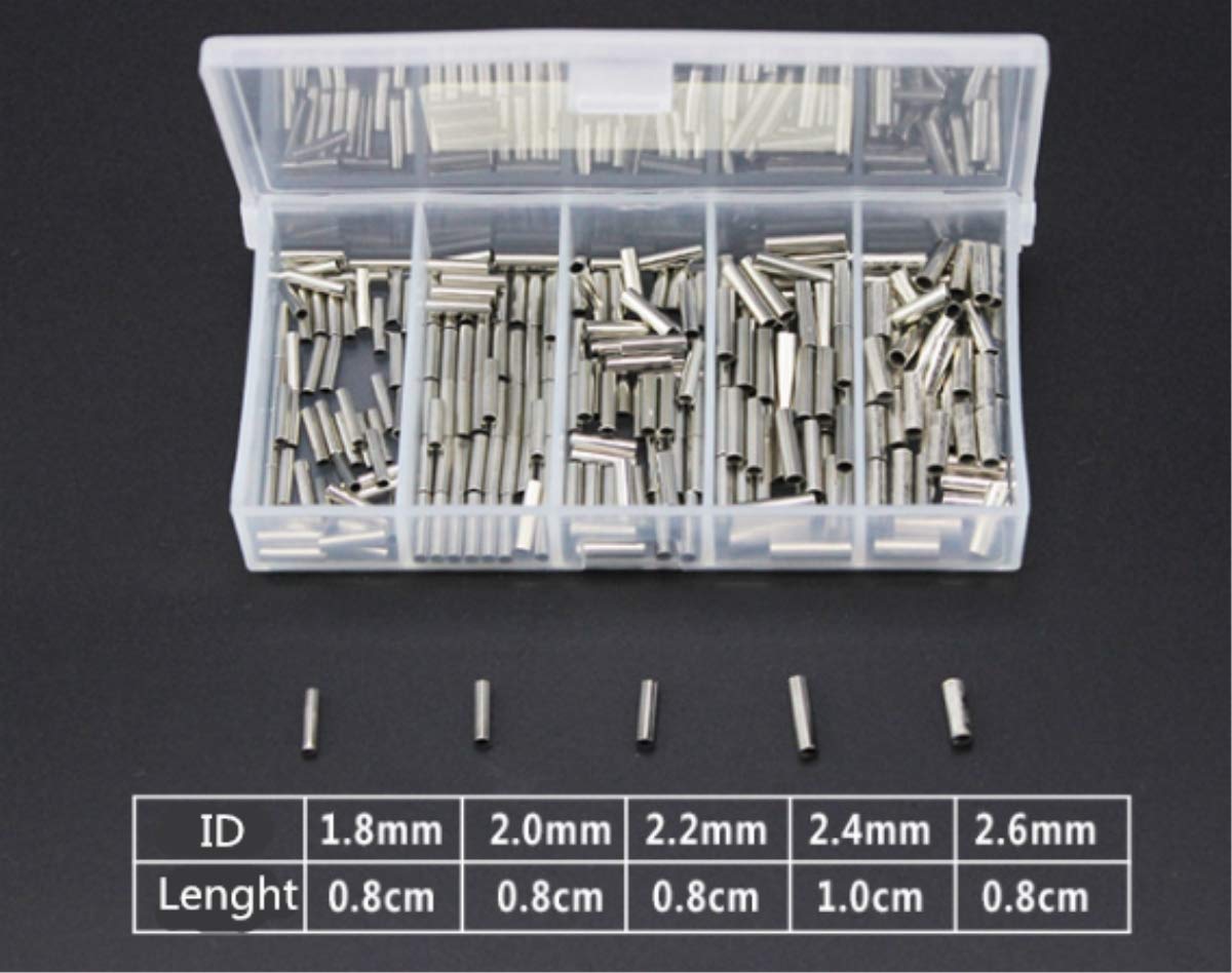 Milepetus 250pcs/box Copper High Strength Single Barrel Crimp Sleeves Copper Tube Fishing Line Connector Kit,Size 1.8,2,2.2,2.4,2.6mm
