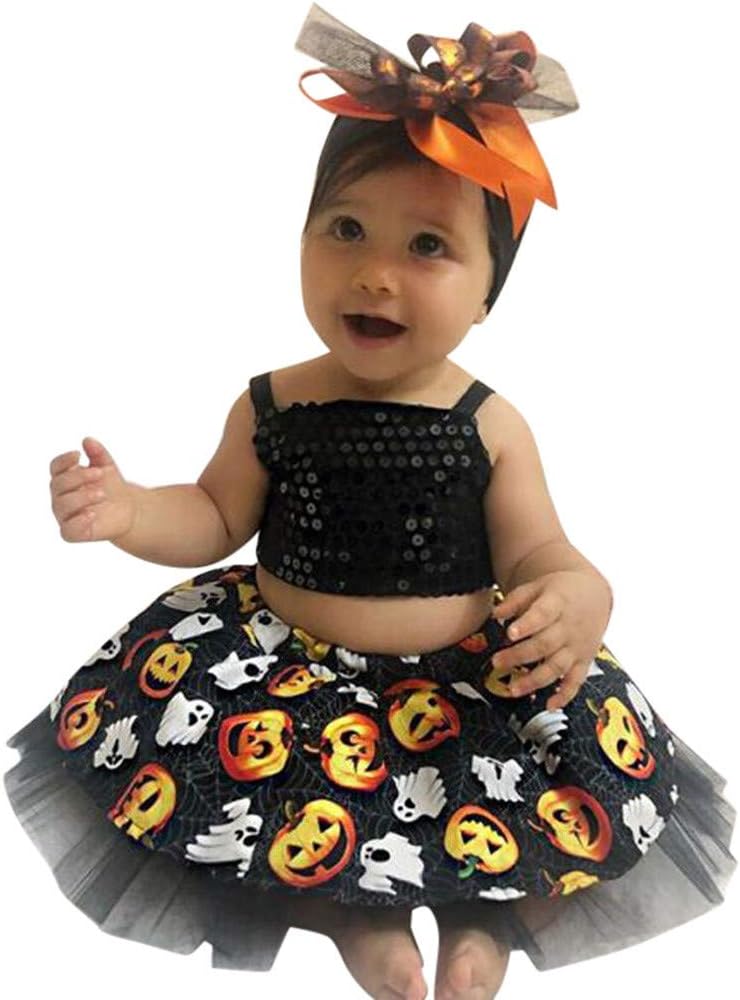 Girls Dresses Clothes Set for 1-3 Years, Weant Newborn Baby Infant Toddles Girls Outfits Sequins Sleeveless Tops + Pumpkin Tutu Skirt Dress Wedding Party Halloween Outfits Gifts