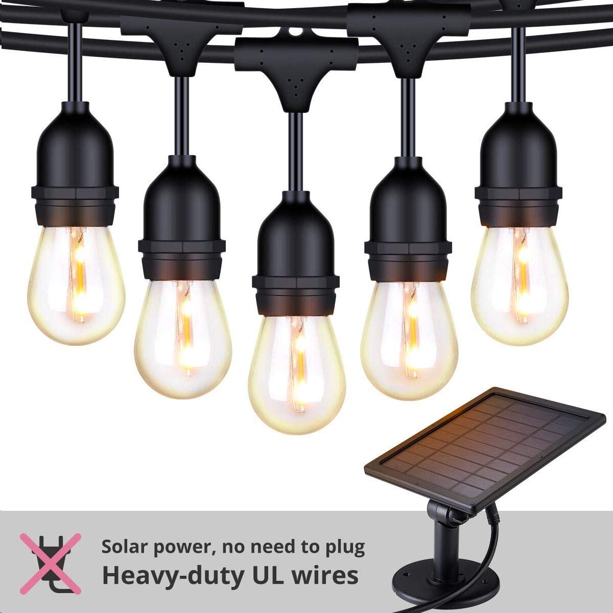 FOXLUX Solar String Lights - 48 ft LED Outdoor String Lights - Shatterproof, Waterproof Pergola Lights - 15 Hanging Sockets, Light Sensor, S14 Edison Bulbs - Decor for Patio, Backyard, Garden, Bistro