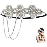 CABODYALS 1Pc Silver Flapper Headband 1920s Crystal Great Gatsby Headpiece Rhinestone Pearl Flower Tassel Chain Vintage Hair Accessories for Women Evening Dresses Bridal Wedding Party Accessories