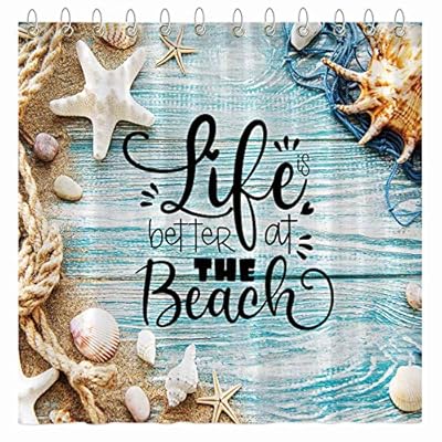 Funnytree Life is Better at The Beach Shower Curtain Set with Hooks Summer Blue Wooden Floor Seashell Starfish Bathroom… 61Uy1hV nWL
