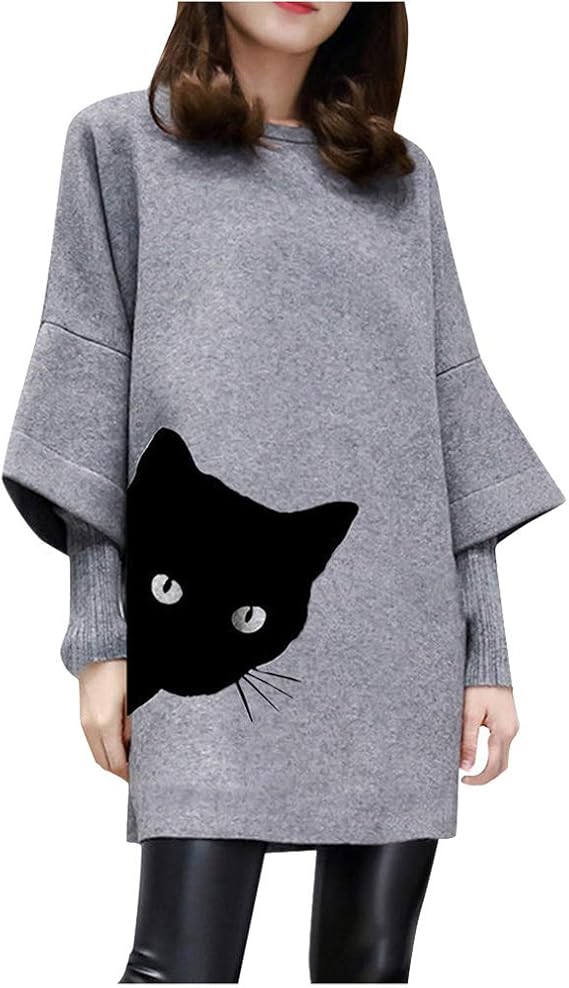 Amazon Caixiaofei パーカー レディース ファッション トレーナー 長袖 ロング あったか シンプル ワンピ 猫柄 フード 付き ファッション女性 長袖 セータードレス レディース セーター 上着 プルオーバー ト カジュアル カジュアル トップス 通勤 レディース 通販