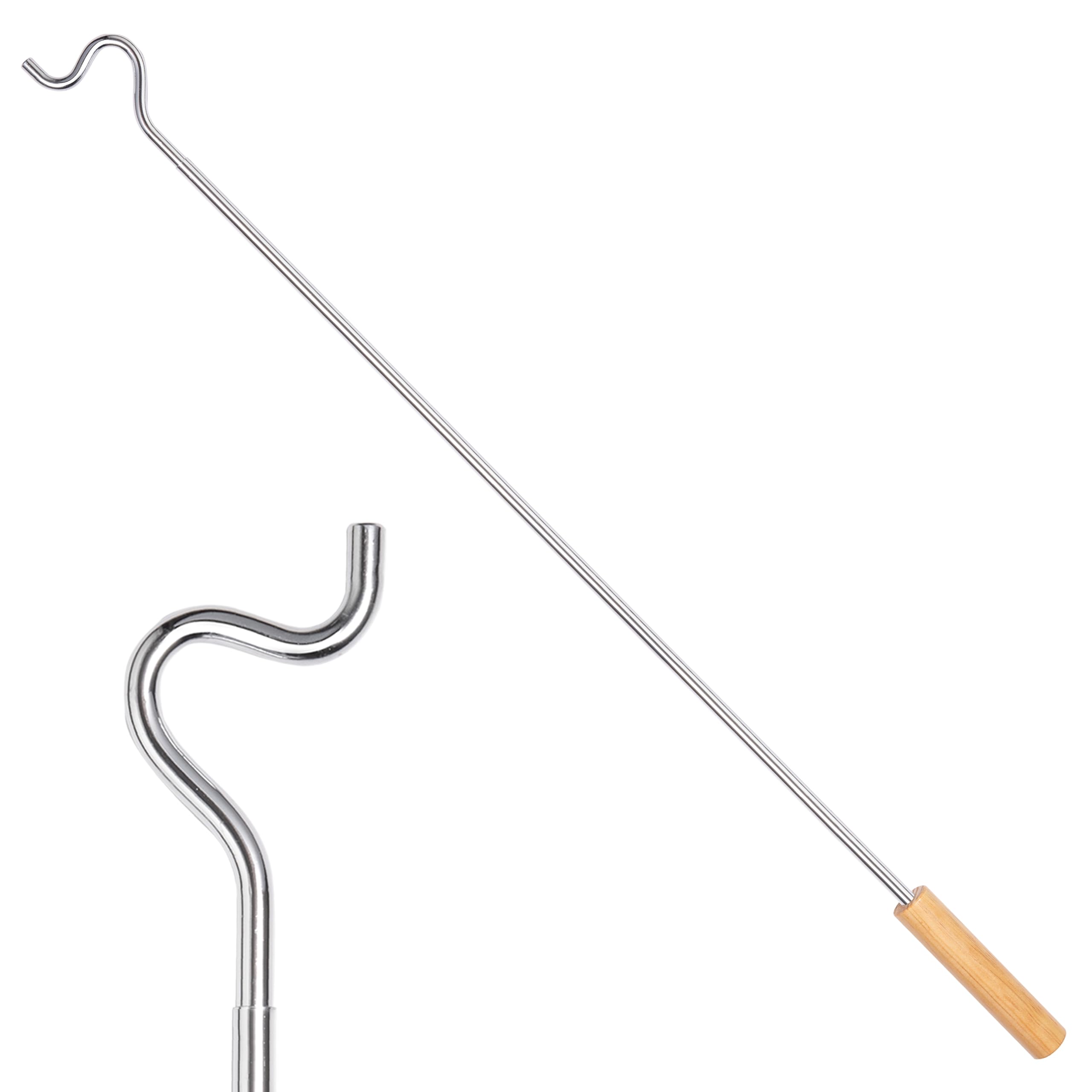 Closet Reacher Pole with Hook and Wooden Handle, Heavy Duty - Adjustable 2.75-5 Feet, Chrome Plated Steel Clothing Hanger Shepherds Hook to Easily Reach Clothes etc - Perfect for College Dorm