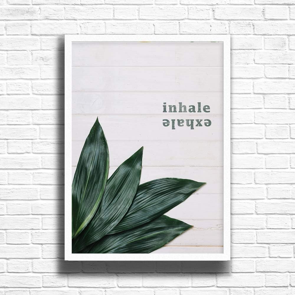 Inhale Exhale Succulent Plant Framed Wall Art Print, Minimalist Design Quotation Poster with A3, A4 Frame in Black Oak White Colour Options (White, A4)
