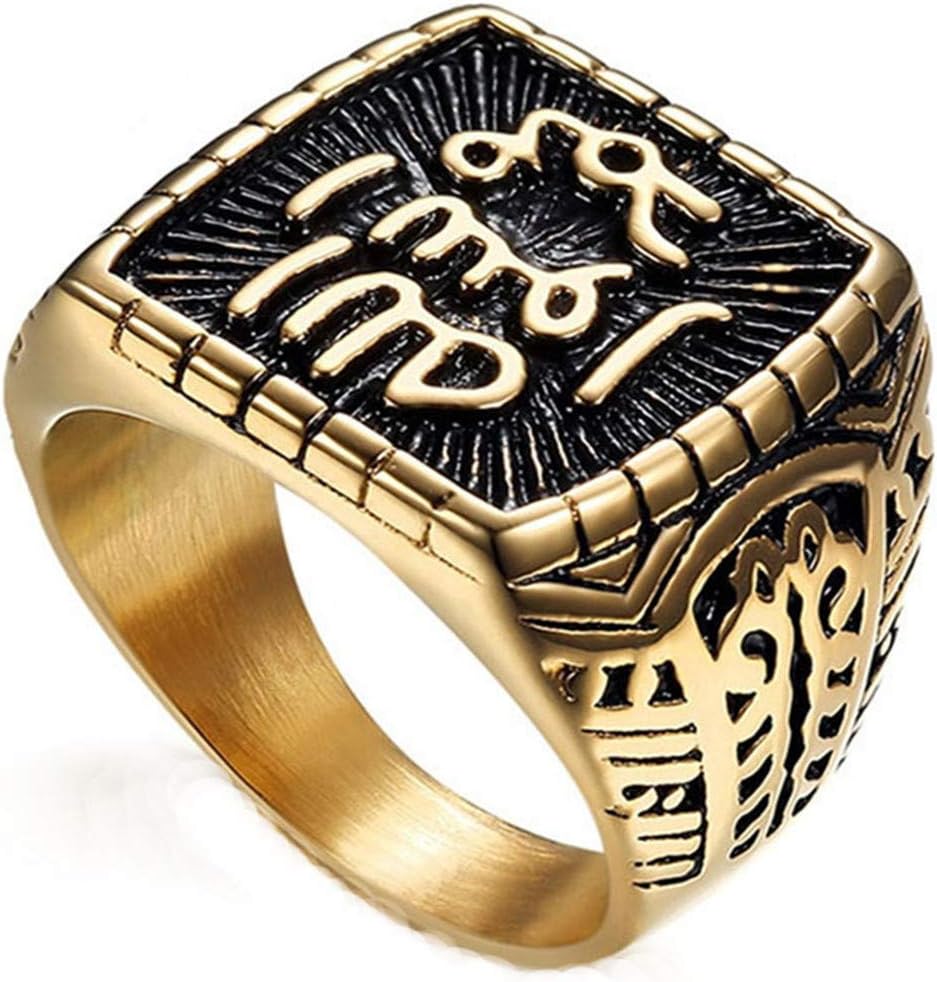 Wibbosad Mens Square Retro Religious Holy Muslim Font Black Oil Gold Plated Rings in Stainless Steel