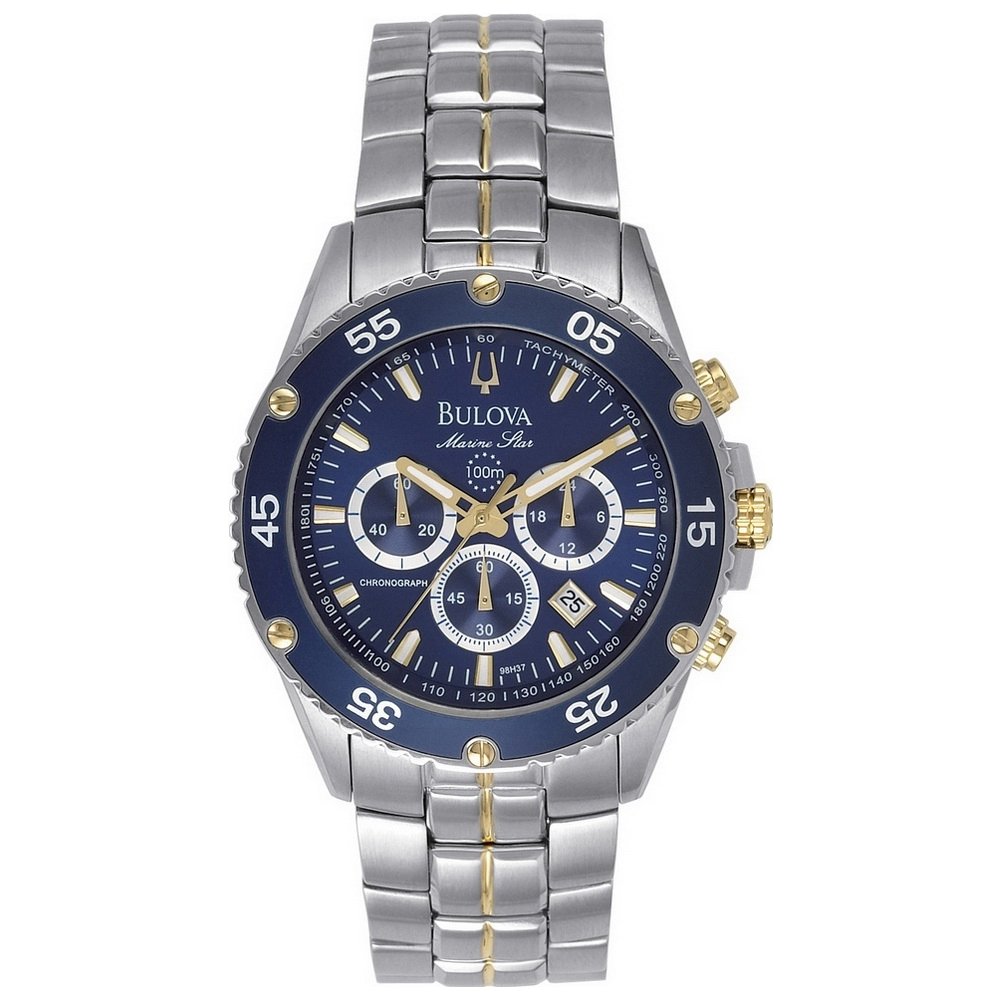 Bulova Marine Star Reloj de cuarzo con cronógrafo de acero inoxidable en dos tonos, esfera azul Estilo: 98H37