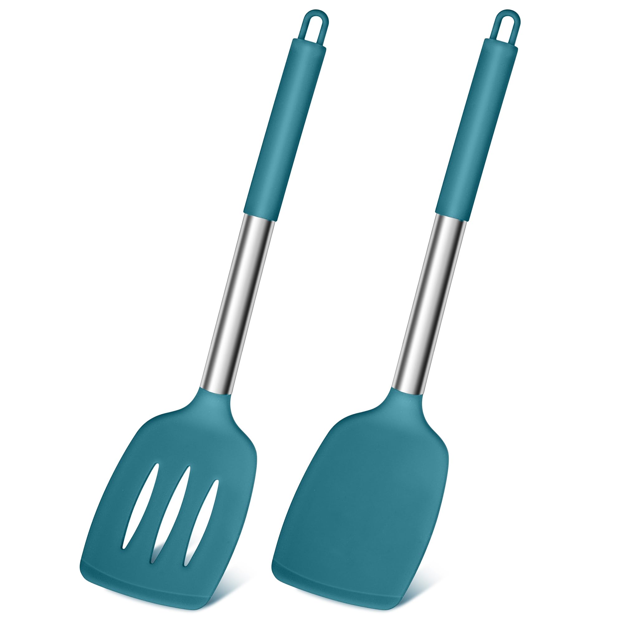 Joyfair Silicone Spatula, Stainless Steel Spatula Pack of 2, Cooking Turner/Non Stick Kitchen Slotted Utensil Set Ideal for Fish, Eggs, Pancakes, Heat Resistant & Dishwasher Safe, Blue