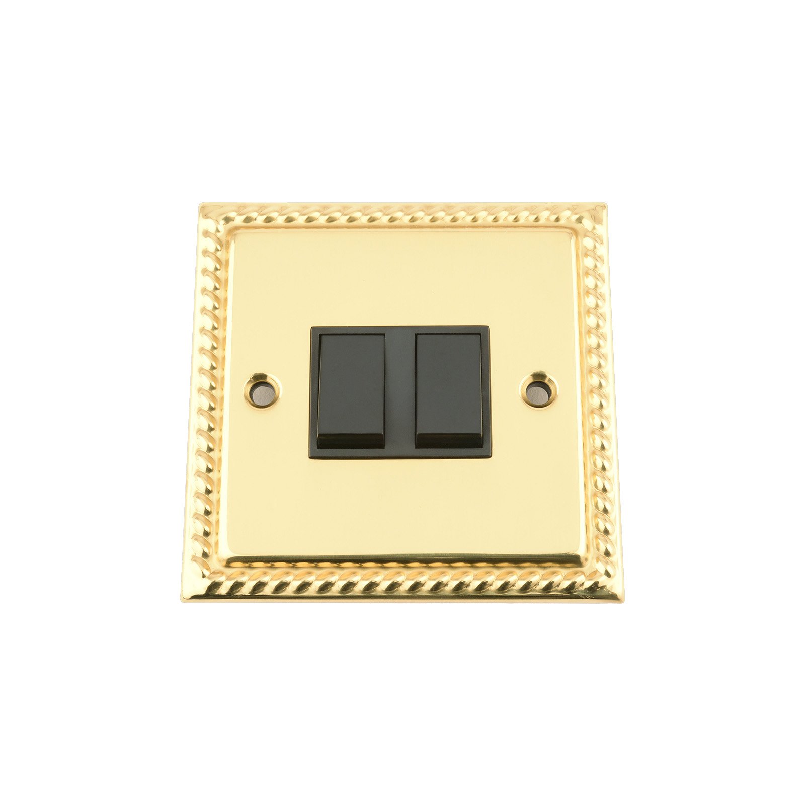 Light Switch 2 Gang - Polished Brass Georgian - Black Insert Plastic Switch - 10 Amp Double 2 Gang 2 Way