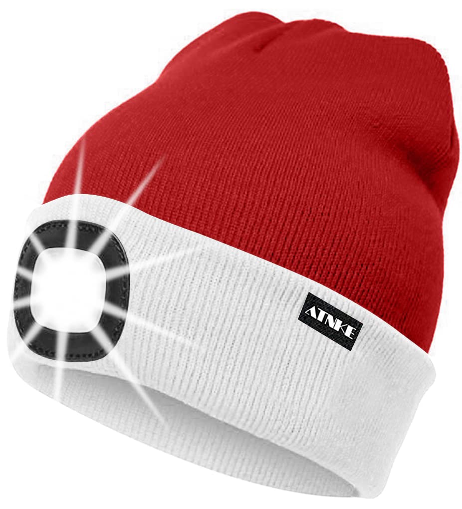 ATNKE LED Lighted Beanie Cap,USB Rechargeable Running Hat Ultra Bright 4 LED Waterproof Light Winter Warm Gifts for Men and Women/White/Red Christmas