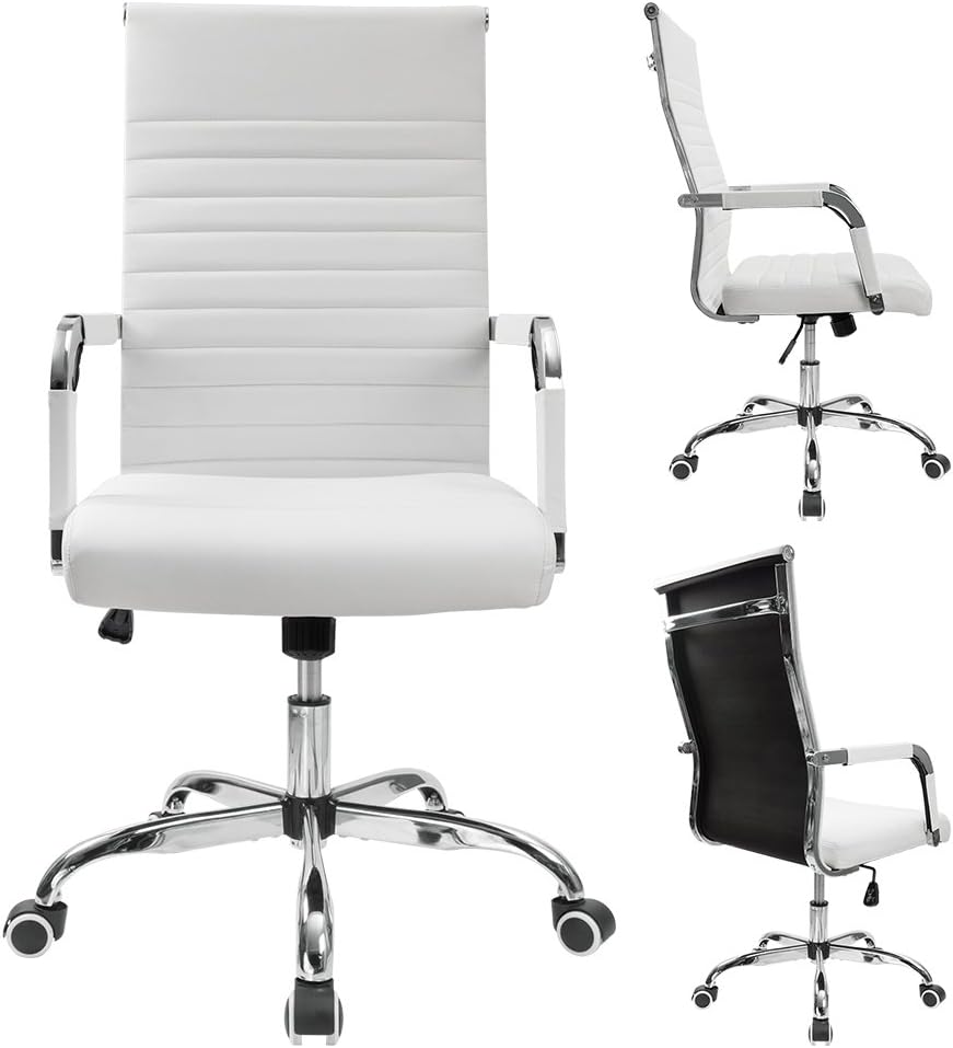 Furmax Ribbed Office Desk Chair Mid-Back PU Leather Executive Conference Task Chair Adjustable Swivel Chair with Arms (White): Home & Kitchen