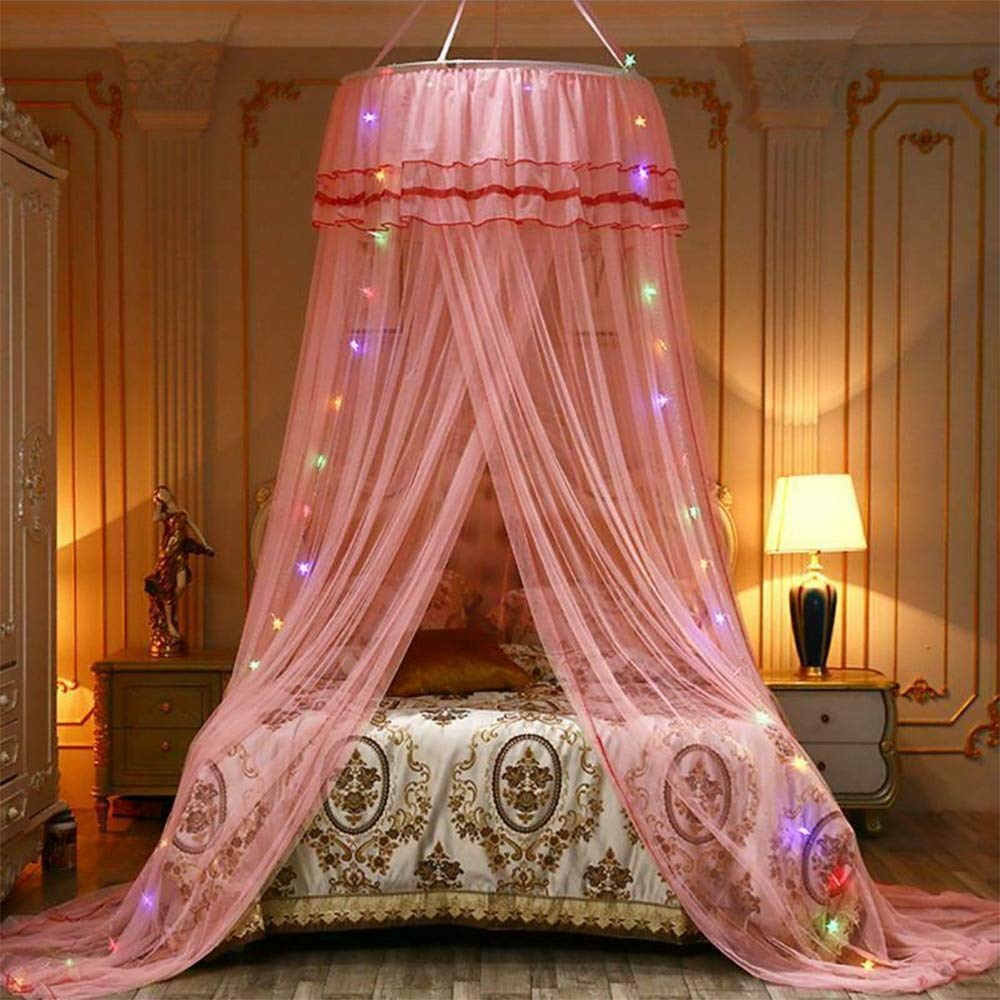 AGSYFFD Girls bedspread,bed mosquito net,ring princess bedspread,princess bed curtain with LED lights,no hole punching installation for double bed,single bed,crib (pink)