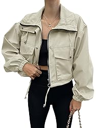 Tankaneo Womens Cropped Jacket Zip Up Lightweight