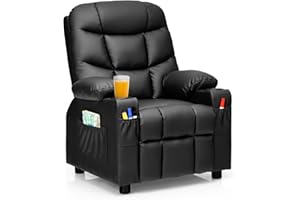 CHEFJOY Kids Recliner, Kids Recliner Chair w/ 2 Cup Holders, PU Leather Chairs Comfy w/Adjustable Backrest & 3 Pockets, Toddler Furniture Sofa for Boys Girls Aged 3+