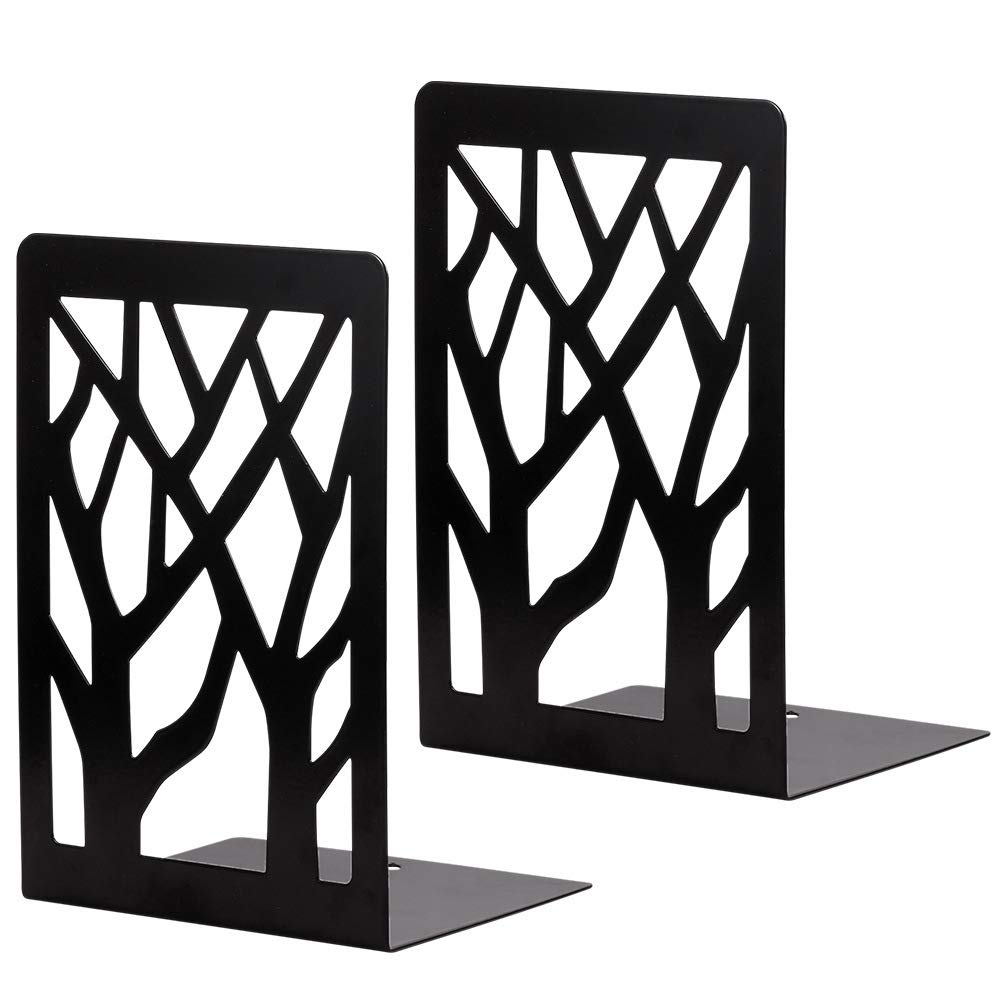SIPLIV Minimalist Style Bookends Metal Adjustable Non Skid Books Holder Stand Book Rack Desk Bookends for School, Library, Home or Office - Tree (Black, 1 Pair)