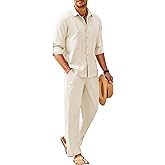 COOFANDY Mens Linen Sets 2 Piece Long Sleeve Button Down Cuban Shirt and Pants Set Summer Beach Set Outfits