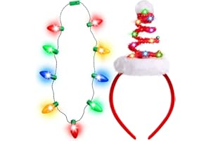 Farochy Christmas Tree Headband with Light Necklace 2PCS Christmas LED Headband with Christmas Bulb Necklace Santa Hat Headband (Red)