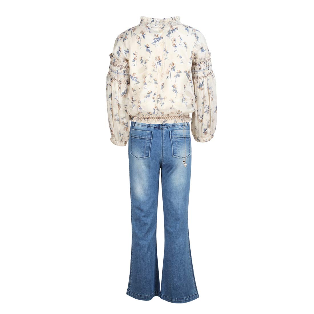 cream shirt and blue jeans