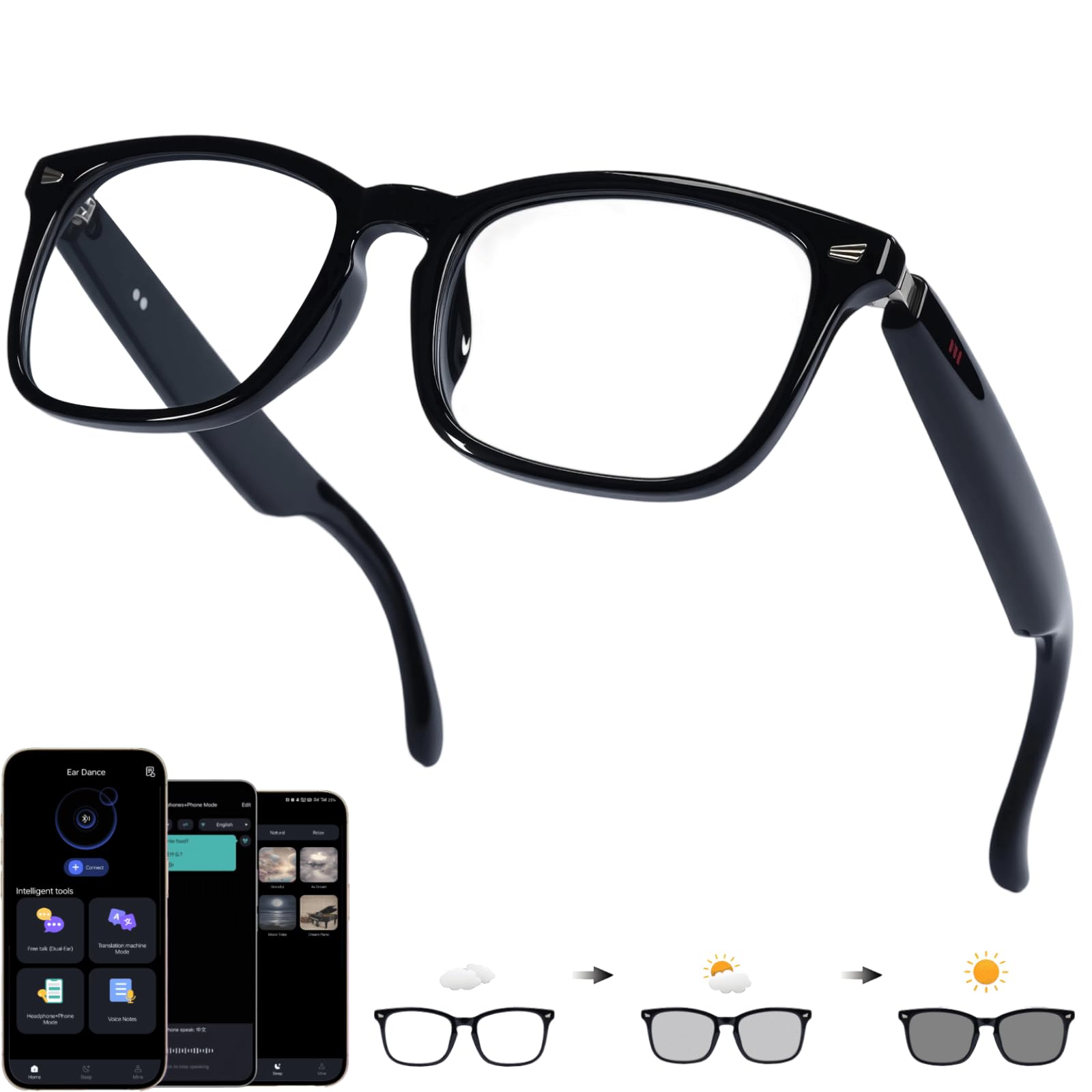 Photo 1 of Giinova Ai Smart Glasses Bluetooth 5.4 with Translation for Men Women 160+Languages Color-Change Lens Chat GPT Assistant Free App Translator Glasses Meeting,Driver,Travel (CK03)