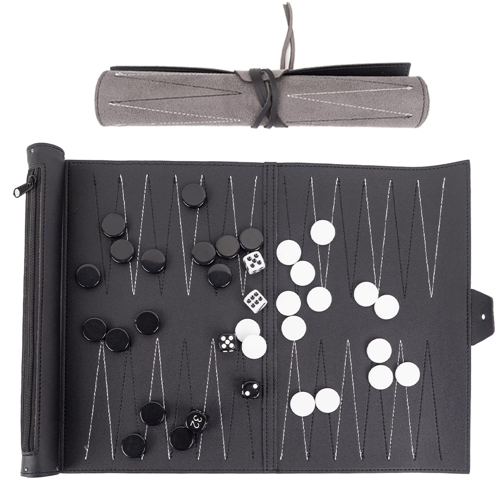 Travel Backgammon Set for Adults & Couples | Roll-Up Design, Perfect for On-the-Go | 15 Inch Portable Board Game in Classic Black