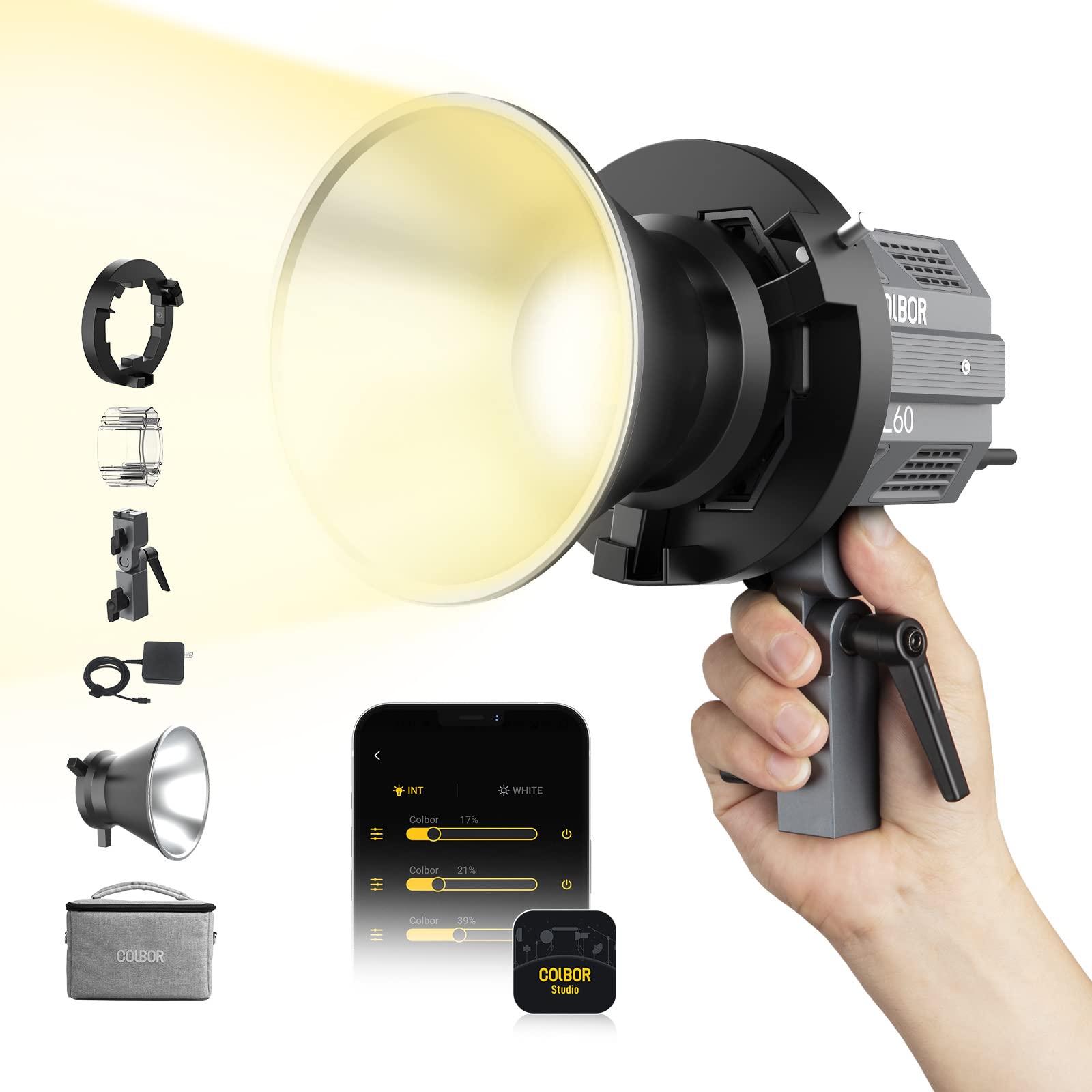Video Light, COLBOR CL60 65W COB Continuous Output Lighting LED 2700k-6500K CRI97+ Monolight with Bowens Mount APP Control for Outdoor Shooting Filming Conference, LED-Video-Light-Photography-Studio