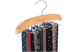 Tie Hanger Rack,UVHNCBV Wooden Tie Organizer, 24 Tie Hanger 360° Rotating, Foldable Metal Hooks, Twirl Storage Hanging Organi