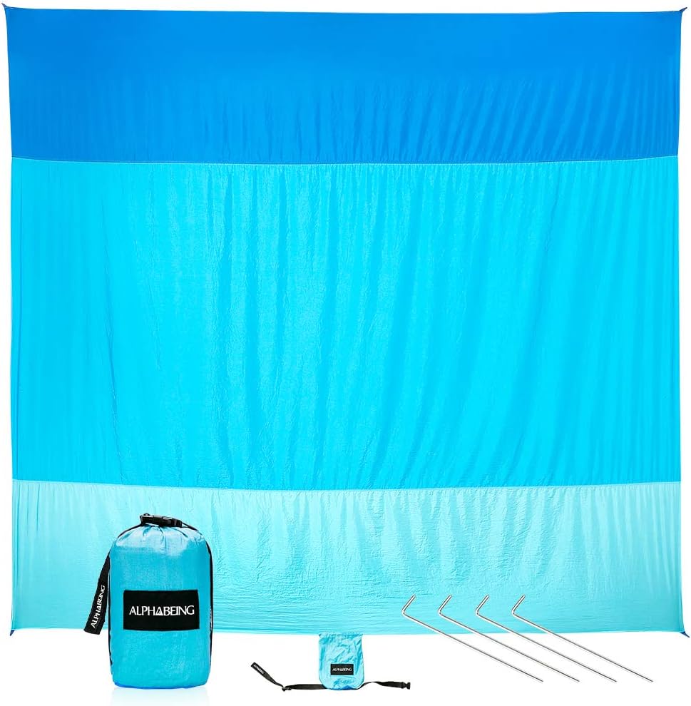 AlphaBeing Sand Free Beach Blanket - 9' X 10' Oversized Sand Proof Mat with 4 Anchor Loops & Metal Stakes - Outdoor Picnic Blanket Ground Cover for Camping, Hiking, Travel and Music Festivals