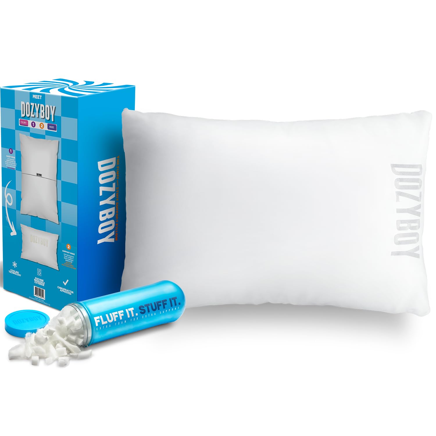 Photo 1 of DozyBoy Fluff and Stuff Comfort Pillow | Queen Size Memory Foam Pillows, Chiropractor Designed and Approved 2-in-1 Back Support and Bed Pillows | Fully Adjustable Pillow (White, Queen (Pack of 1))
