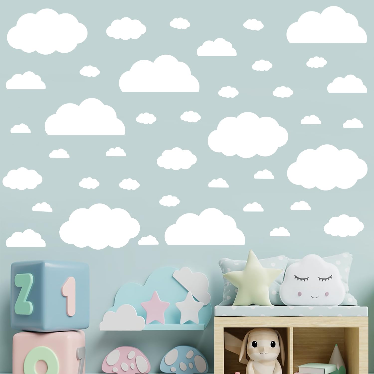 AOWDIAO Cloud Wall Decals - 40 Peel and Stick Clouds Stickers - Assorted Shapes and Sizes for Nursery, Bedroom, Classroom Decor