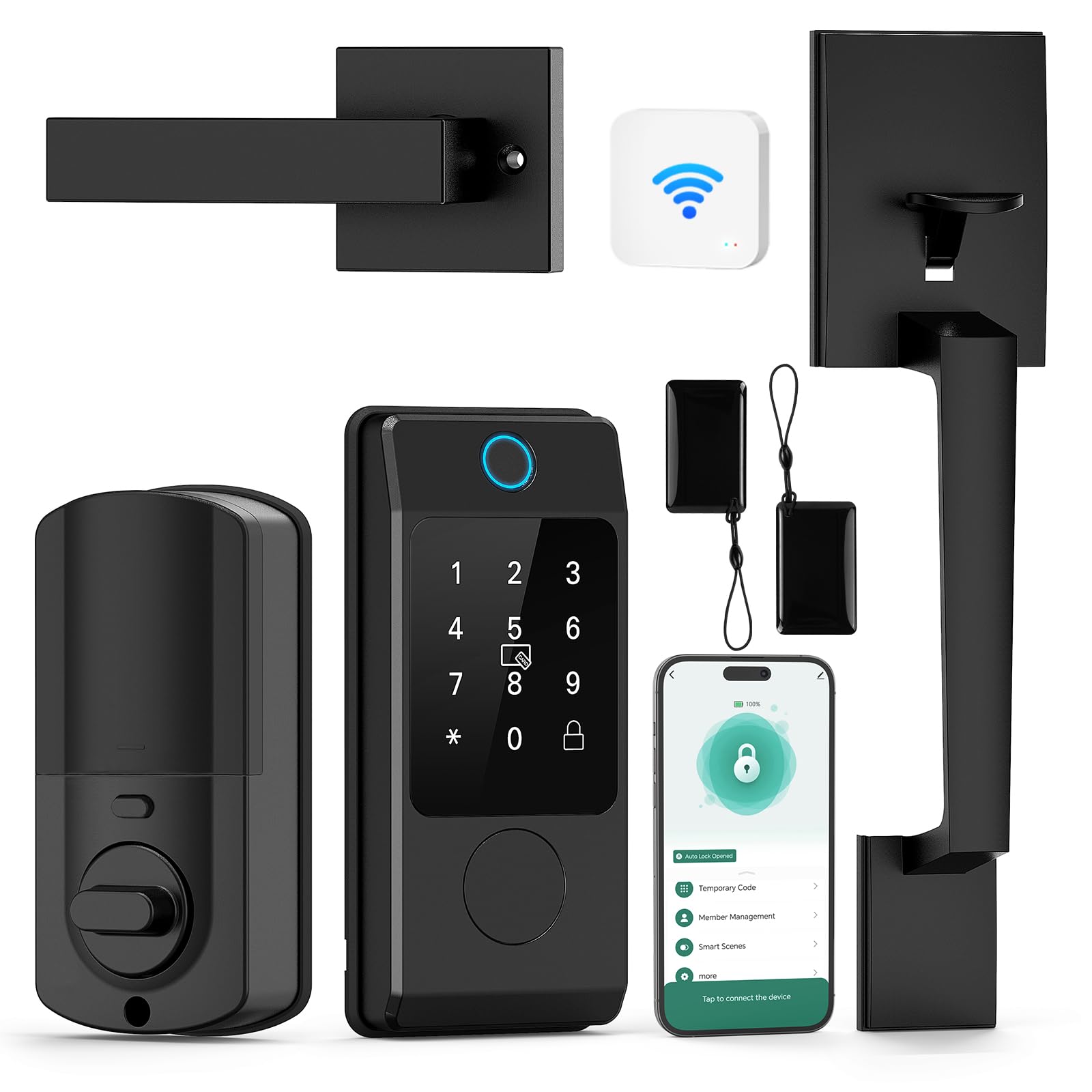 Photo 1 of WiFi Front Door Lock Set with Handle, Featuring Fingerprint Keyless Entry, Smart Keypad with Lever Handles, Electronic Screen + WiFi Gateway, App Control, Auto-Lock, and Voice Control