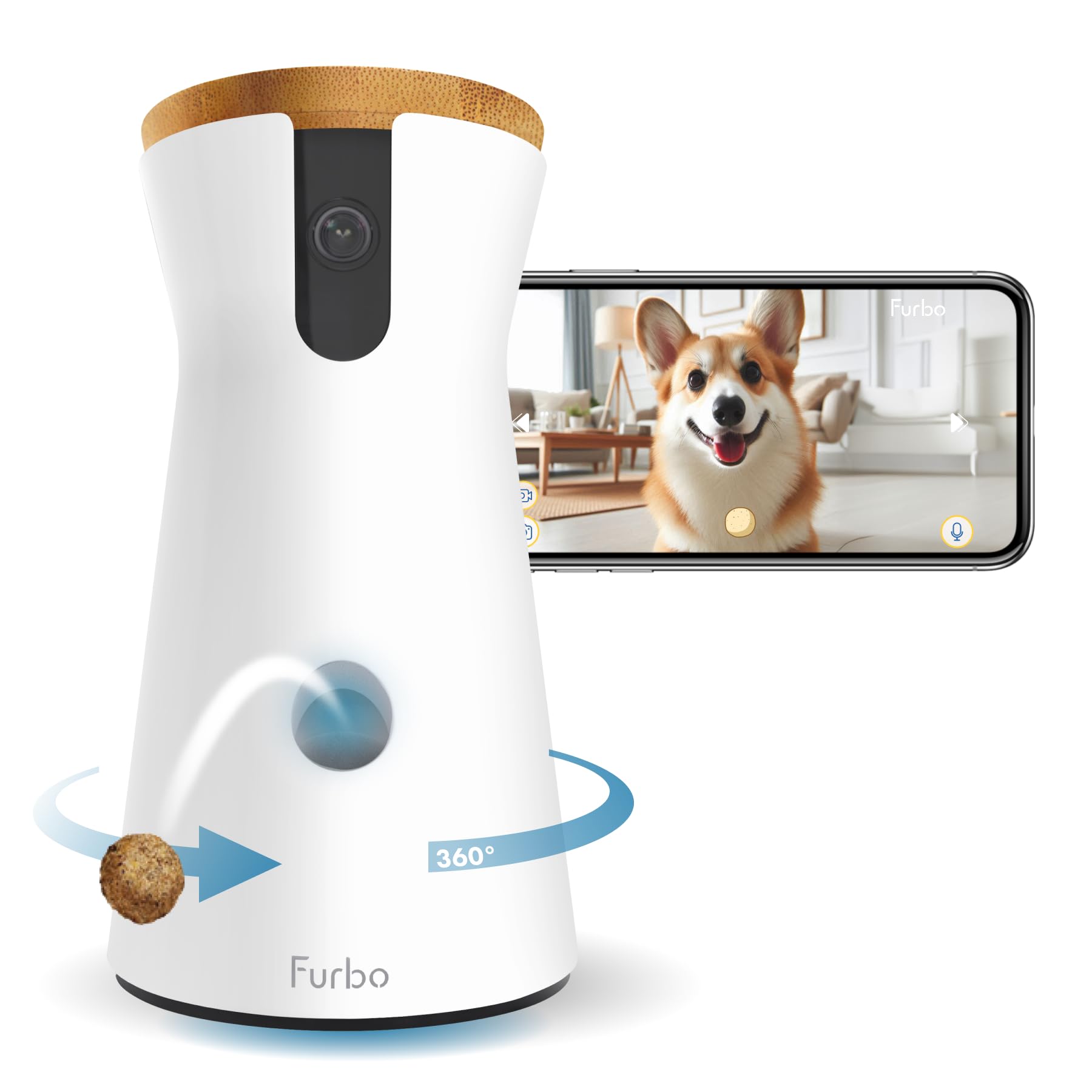 Furbo 360° Dog Camera w/App (No Subscription Required) Smart Pet Monitor & Treat Dispenser, Auto-Tracking, 1080p HD, 2-Way Audio & Colour Night Vision, Barking Alert, WiFi Indoor Security Camera